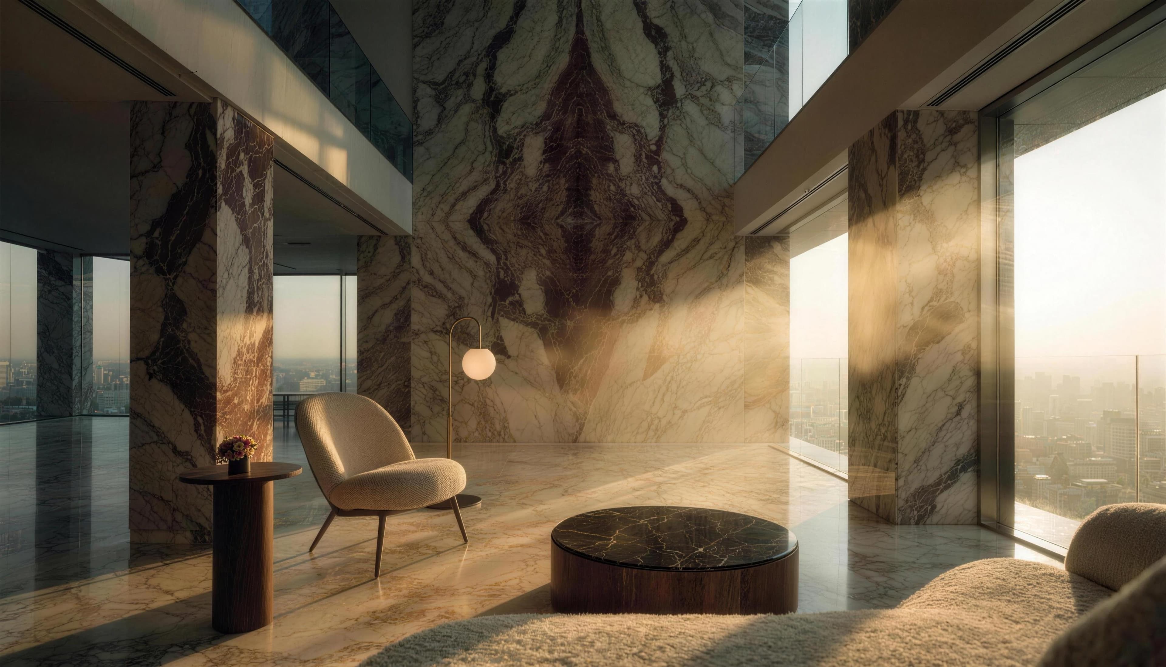 A double-height living room with a monumental book-matched marble feature wall in golden evening light