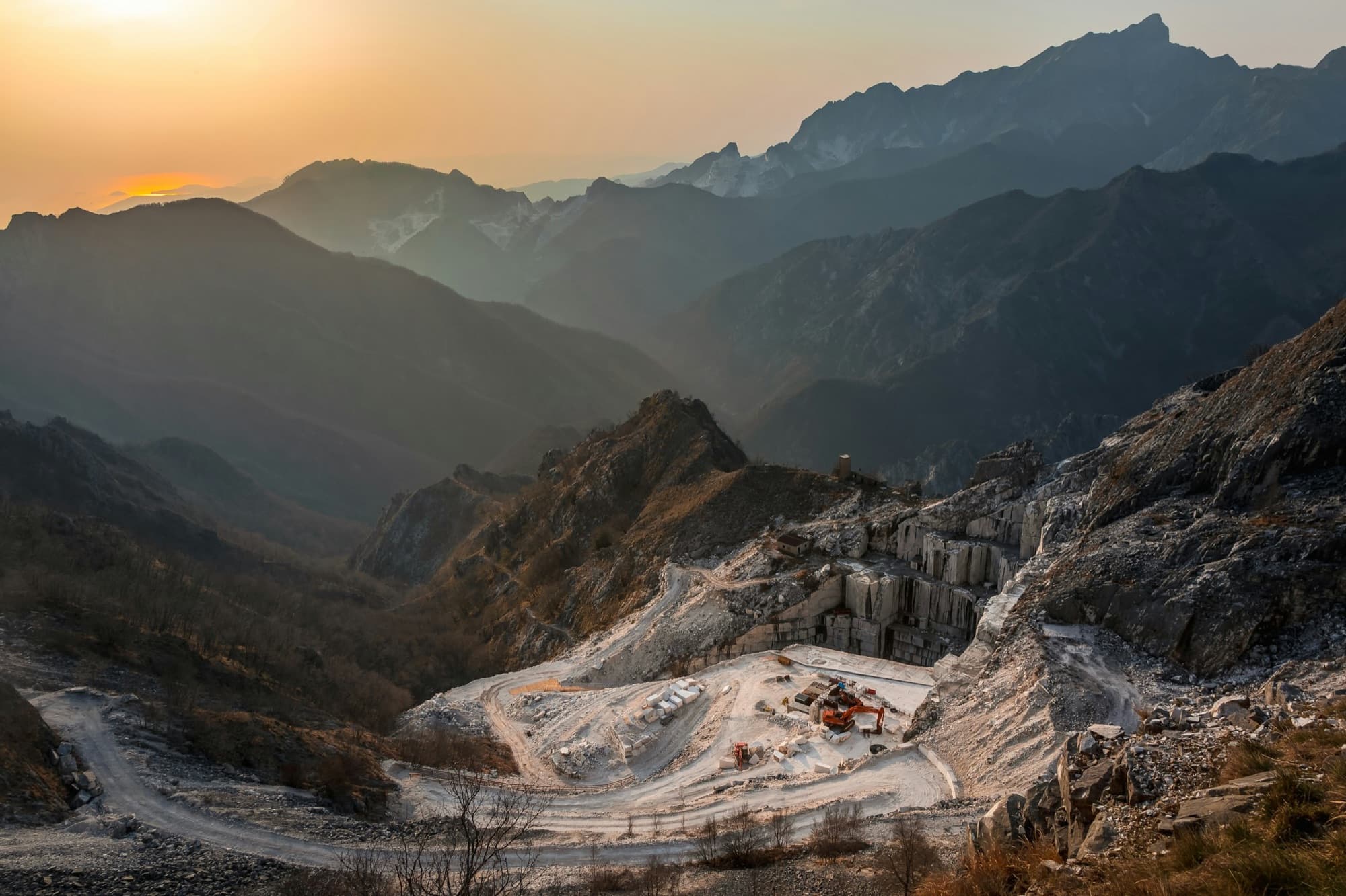 A Carrara marble quarry at dusk